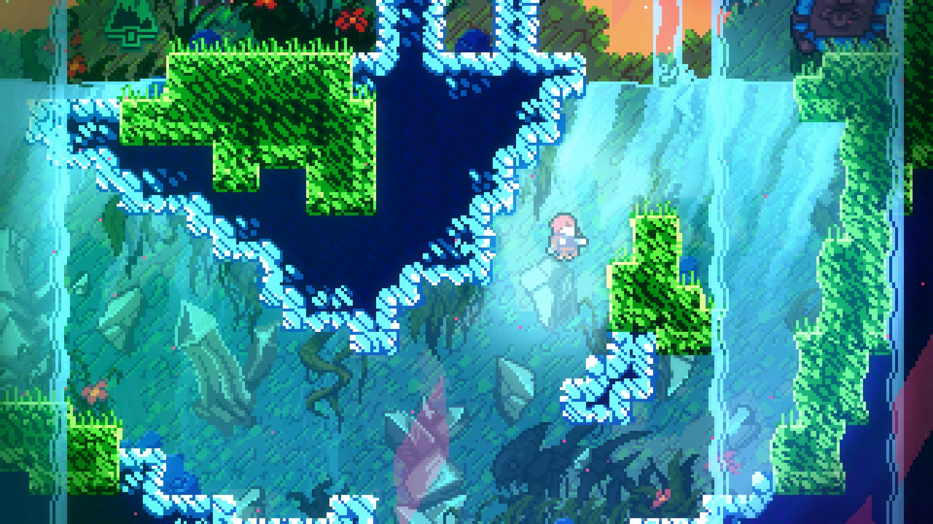 Celeste full-release promotional screenshot: Madeline climbing through a green and blue environment.