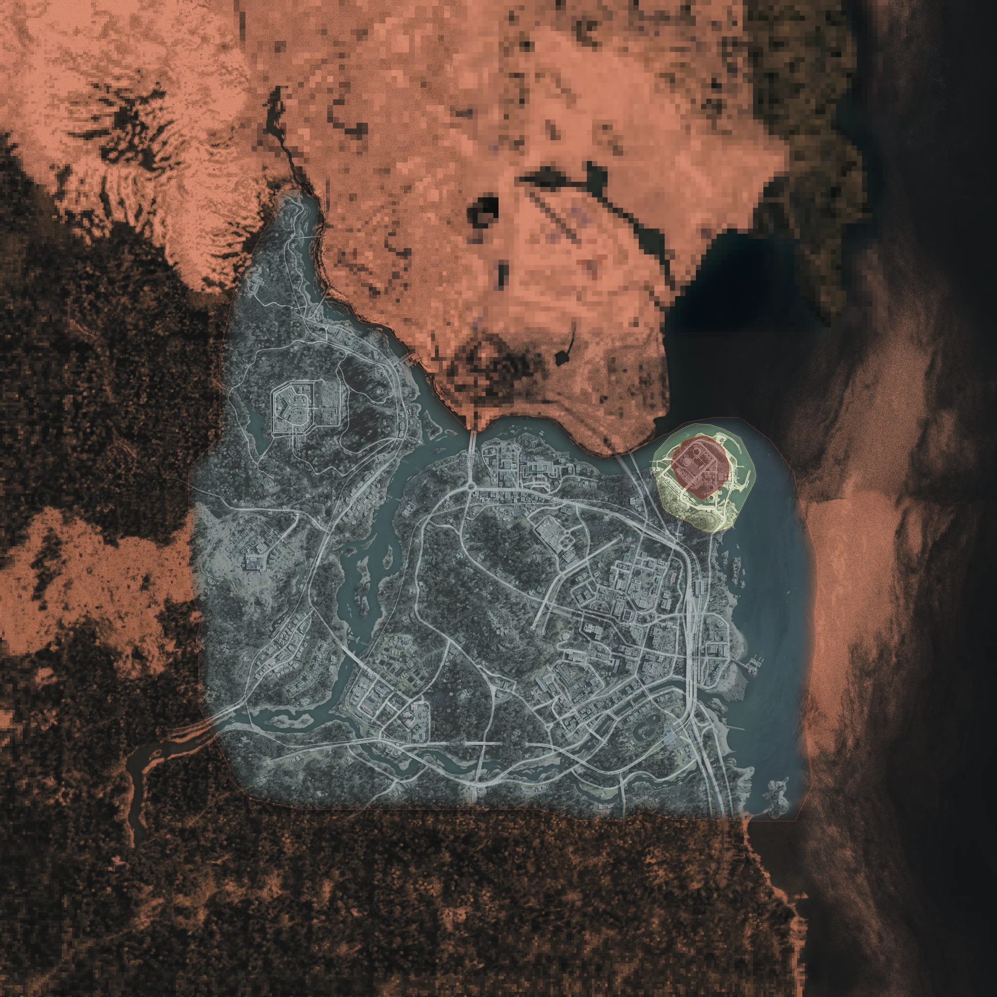 Hājīn tactical terrain overview showing city, countryside and waterways; key-door positions are not verified on this image