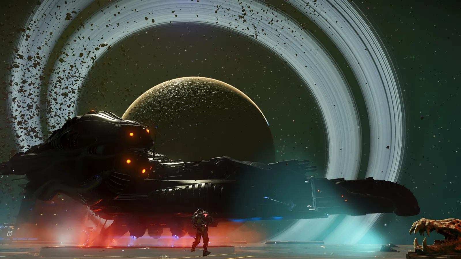 A ship near the rings of a planet in Forsaken