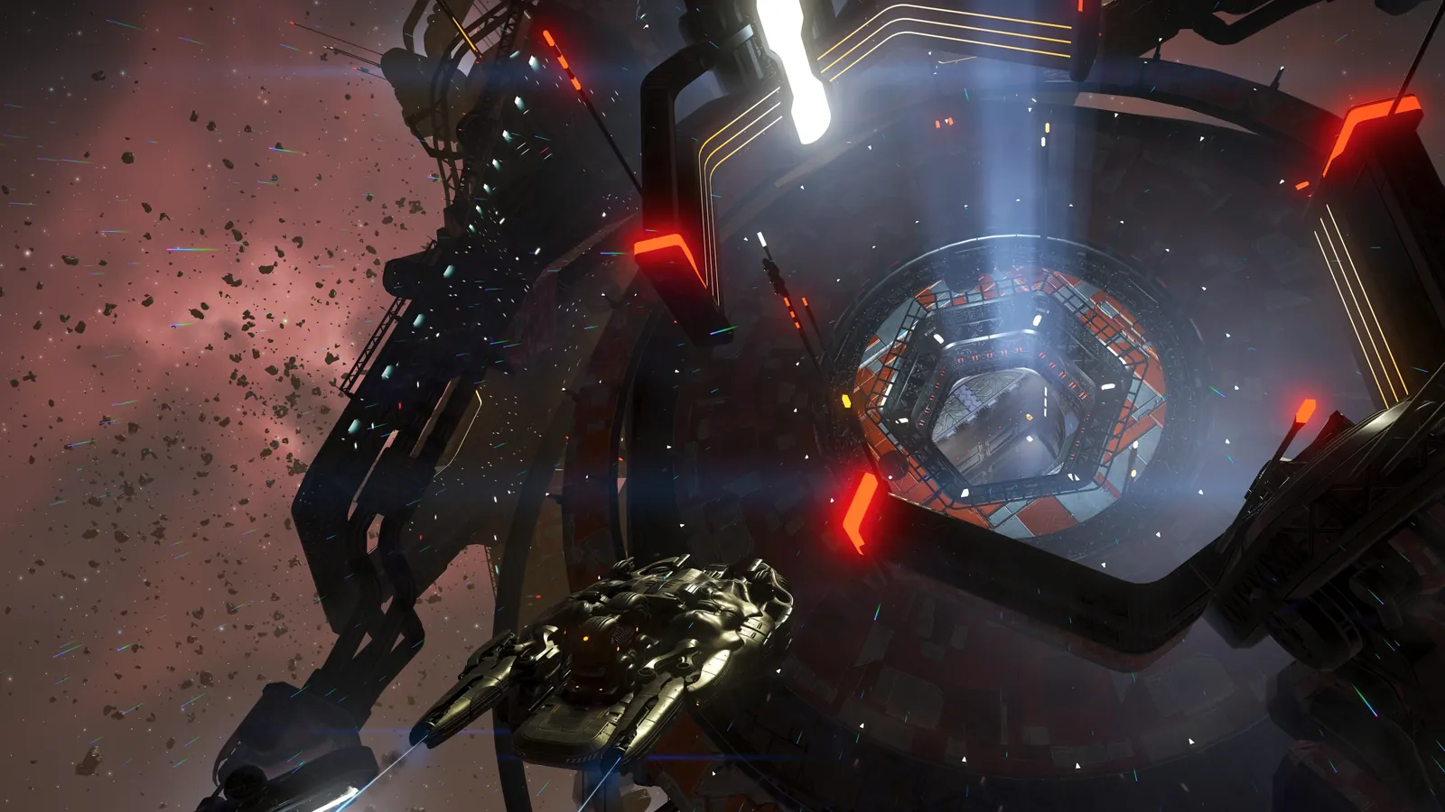 A vessel passing an enormous structure in space
