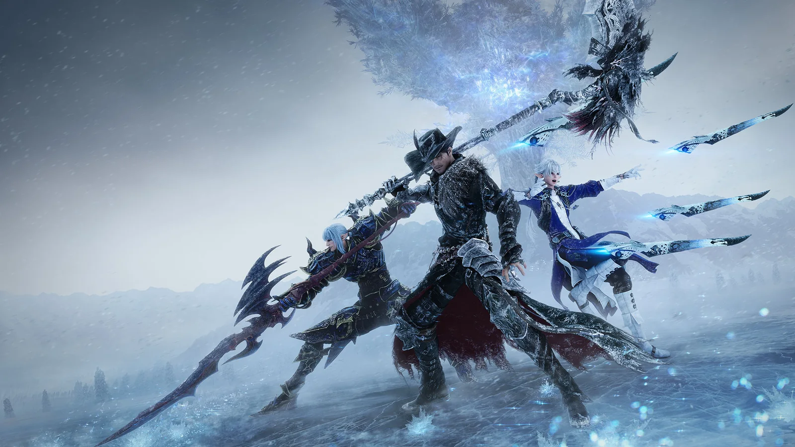 Final Fantasy XIV Evercold warriors in icy surroundings; official Square Enix promotional art