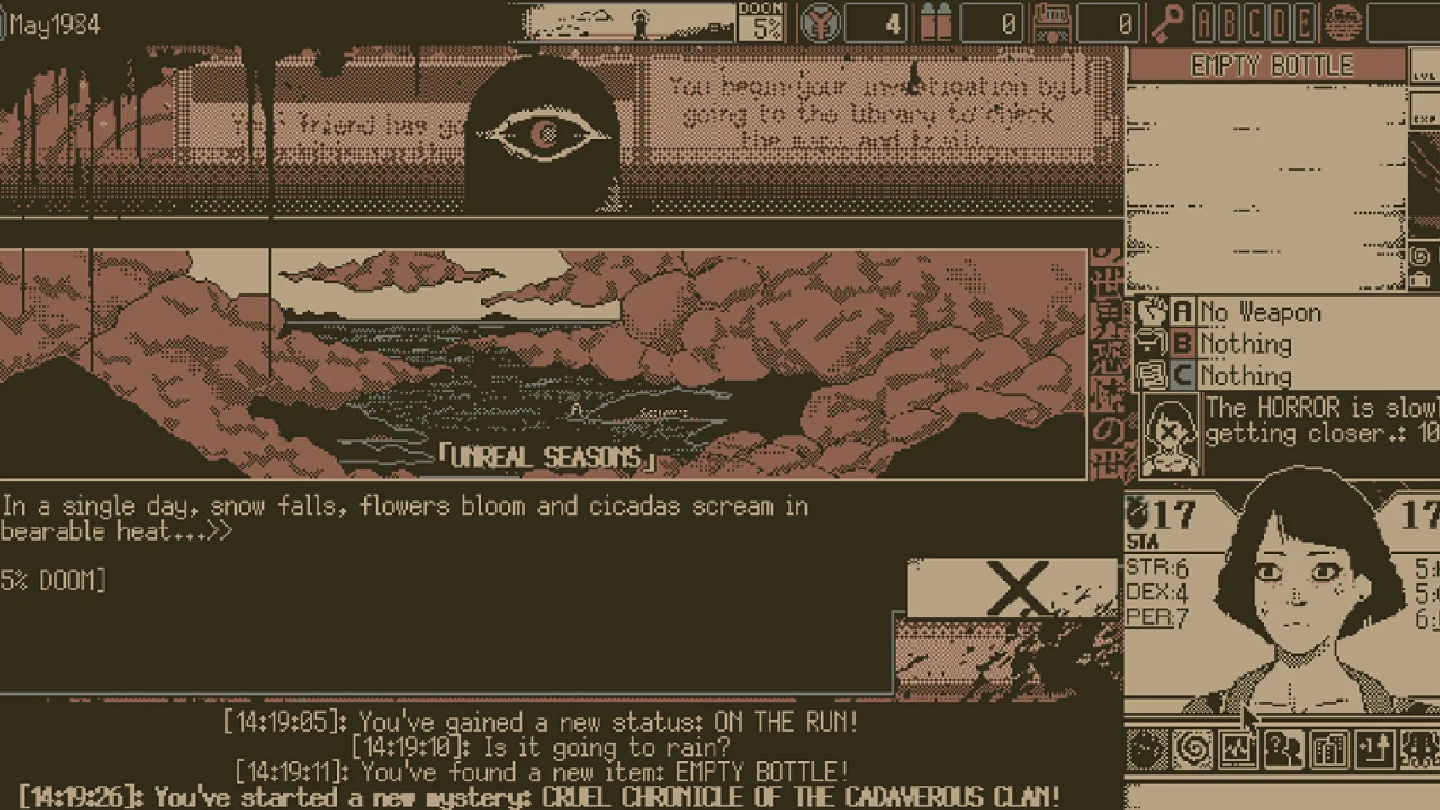 World of Horror 1.2 pixel-art interface in the official developer's update