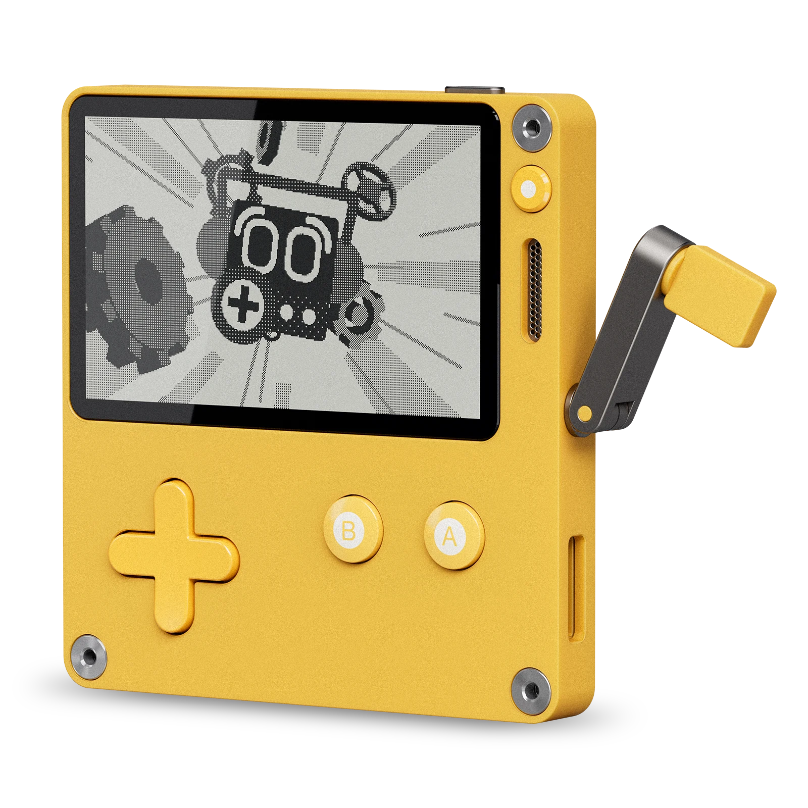Yellow Playdate handheld with its crank extended, from Panic’s official media kit.
